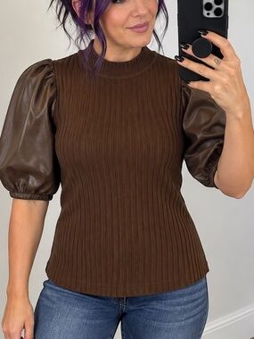 MARC New York Andrew Marc Ribbed Knit Top Faux Leather Puff Sleeve Brown Small